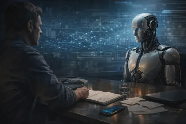 Un humano frente a un robot en una mesa de trabajo, en una escena editorial que sugiere la tensión entre tecnología precisa y complejidad humana.